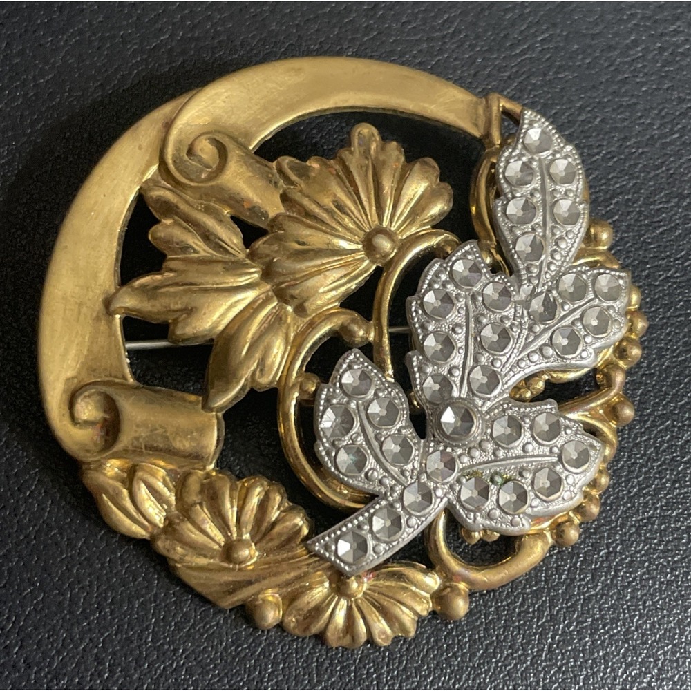 Art Nouveau Brooch Floral Brass Steel Cut